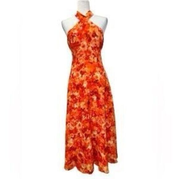 Alex Marie Maxi Dress Women 22W Orange Ruffle Tiered High Neck Tropical Paradise - Picture 1 of 12